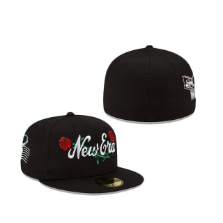 Floral Stamp Black Fitted Hat