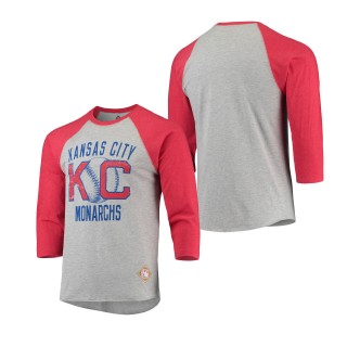 Kansas City Monarchs Stitches Negro League Wordmark Raglan 3-4-Sleeve T-Shirt Heathered Gray Red