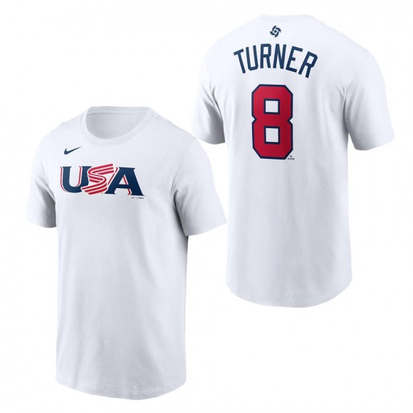 Men's USA Baseball Trea Turner Nike White 2023 World Baseball Classic Name & Number T-Shirt